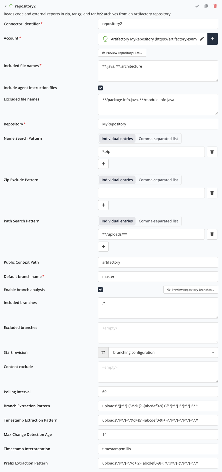 Screenshot of the Artifactory connector's configuration to upload external results