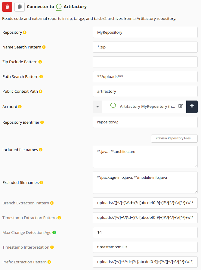 Screenshot of the Artifactory connector's configuration to upload external results