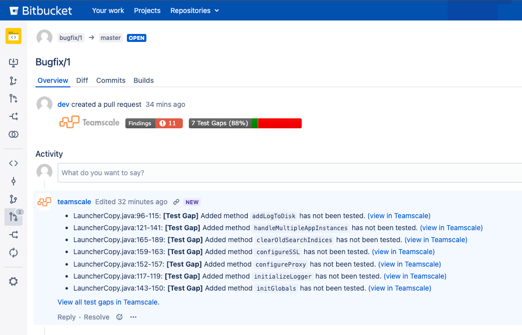 Teamscale wrote a pull request comment for the open Test Gaps so developers are alerted to missing tests