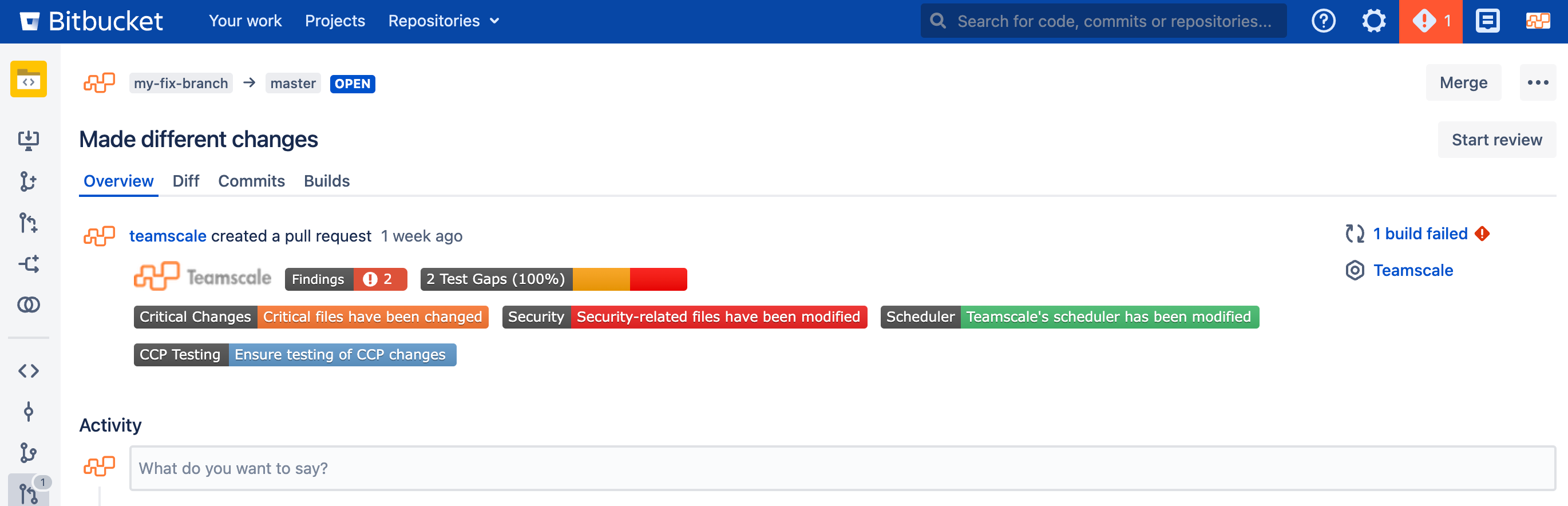 Critical change badges in Bitbucket pull request