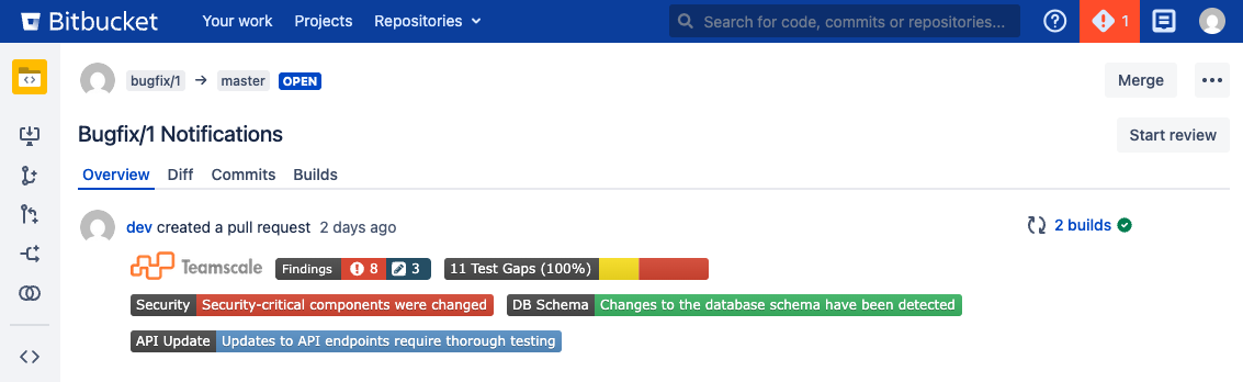 Bitbucket pull request with critical change badges