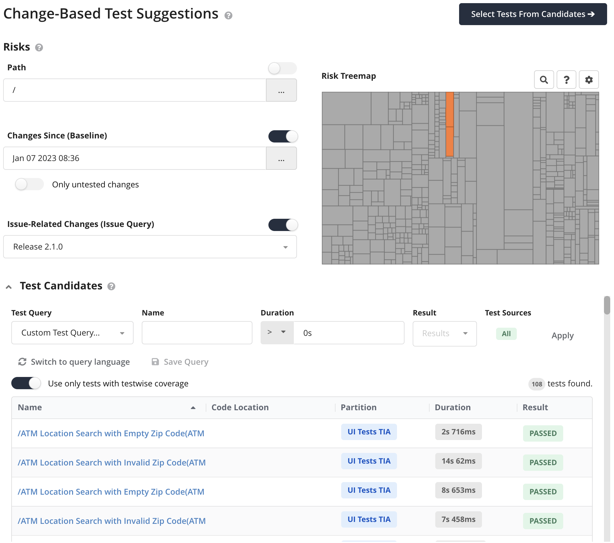 Image: Change-based test suggestions start view