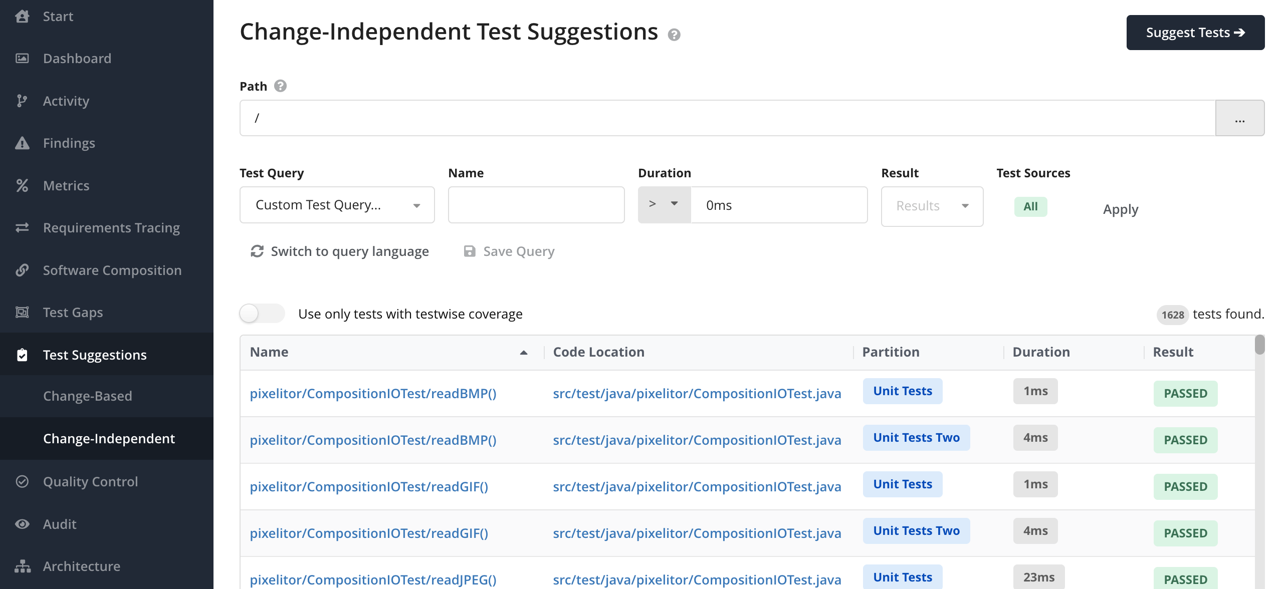 Image: Change-independent test suggestions start view