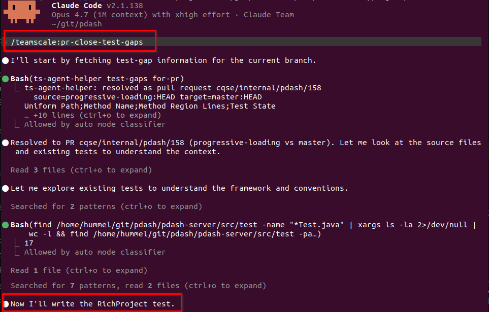 Claude Code using the Teamscale Test Gap skill to identify untested changes and proactively create tests for them.