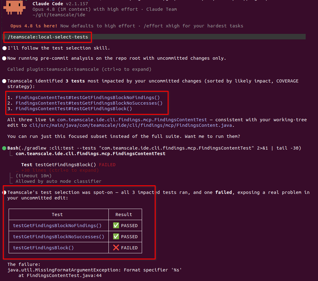 Claude Code using the Teamscale test selection skill to run only the most relevant tests for the changes it made and thus spotting a bug it introduced.