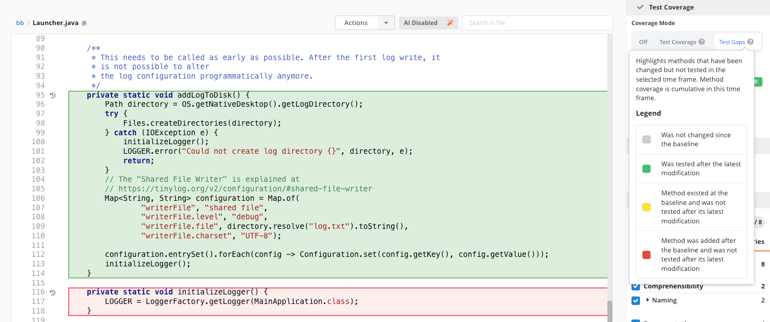 Code view with test gap mode on