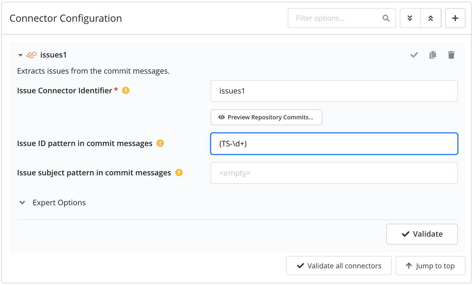 Settings of the commit message issue tracker