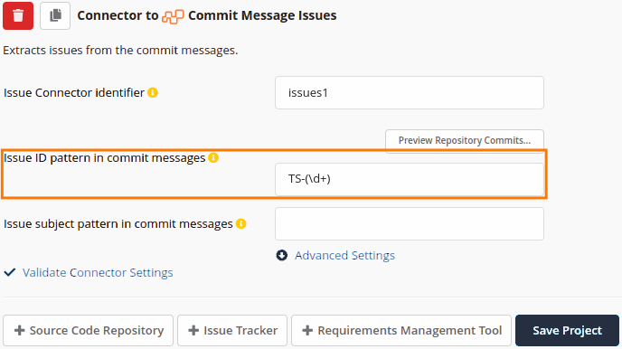Settings of the commit message issue tracker
