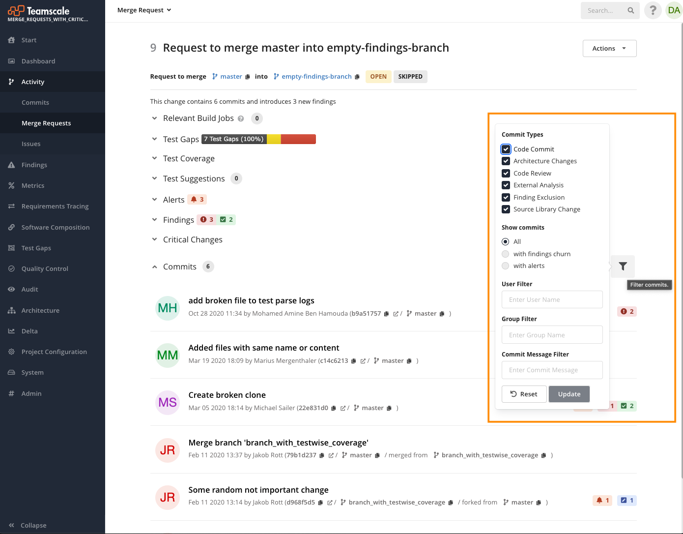 Merge Request View: Commit Filter