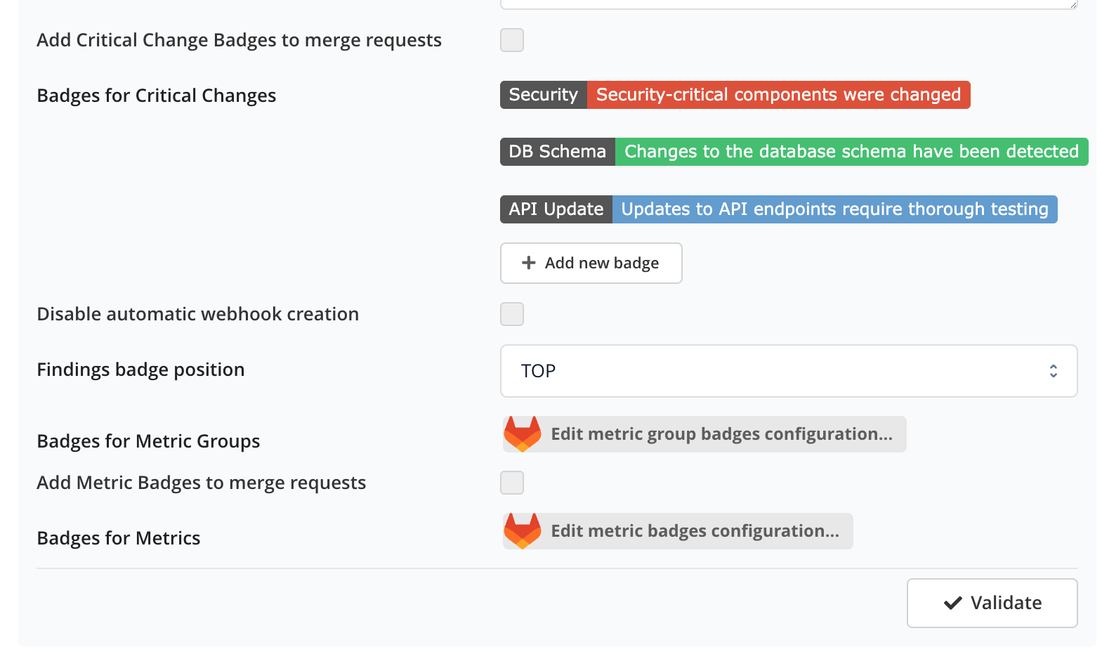 Connector configuration with multiple configured critical change badges