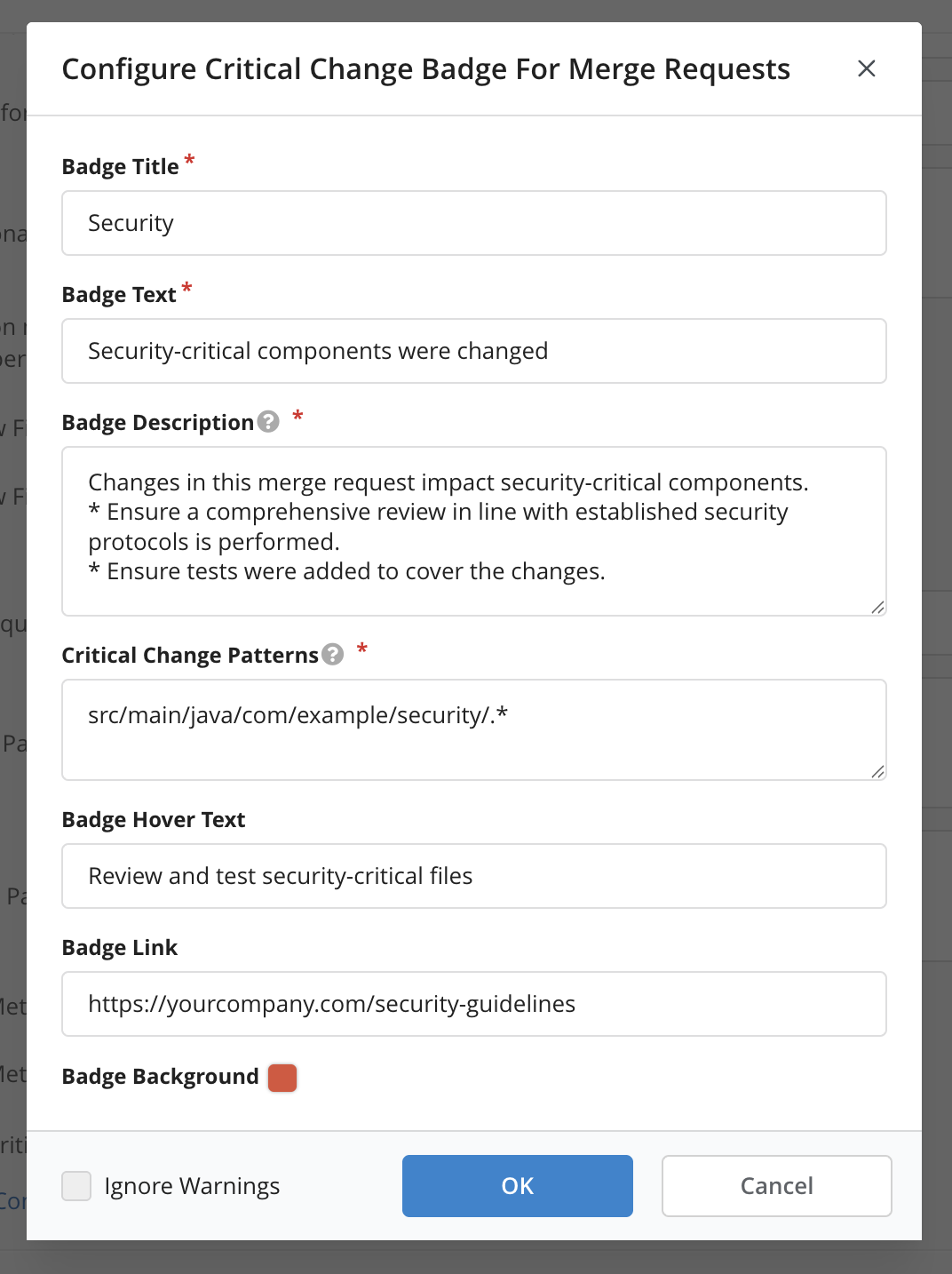 Configuration of a critical change badge
