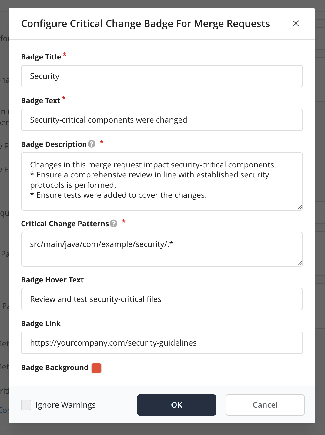 Configuration of a critical change badge