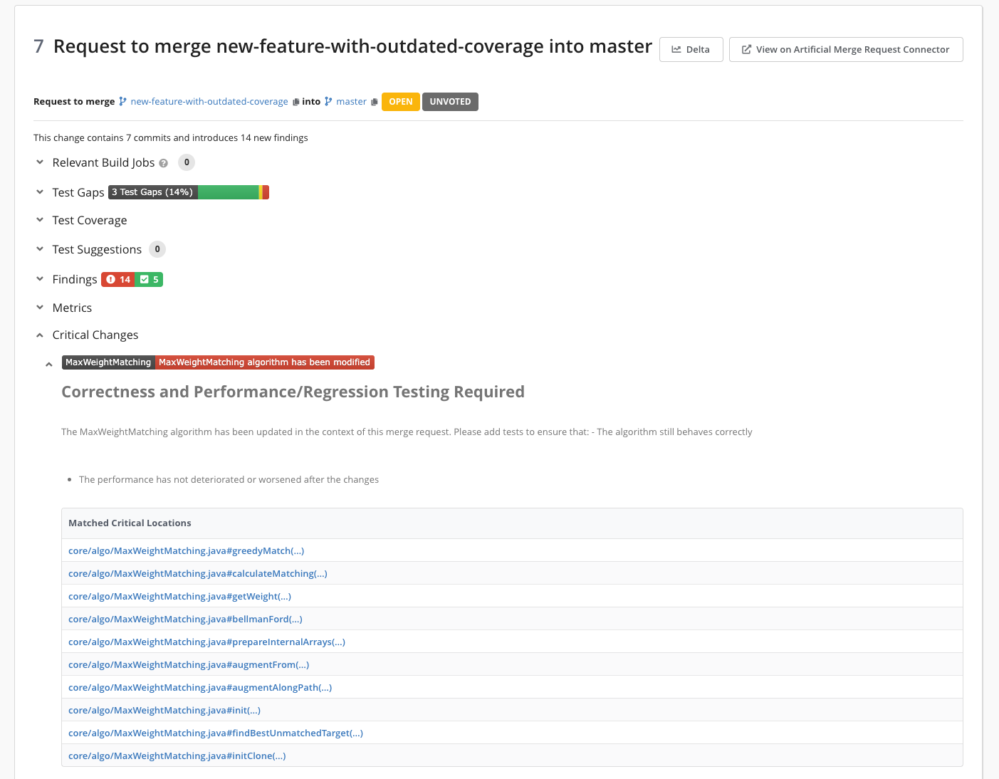 Critical changes section in the merge request detail view
