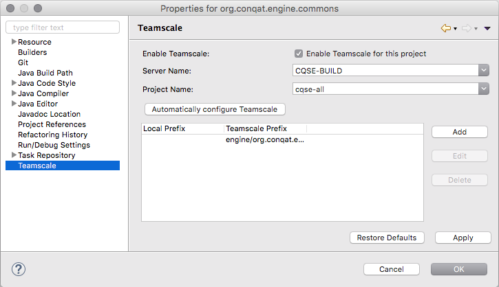 Teamscale Project Properties in Eclipse