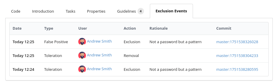 Screenshot of the findings exclusion events tab