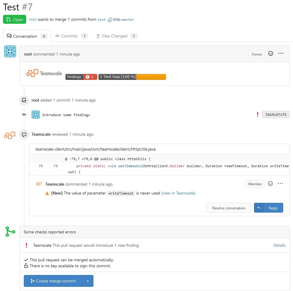 Screenshot of Teamscale's Gitea pull request integration