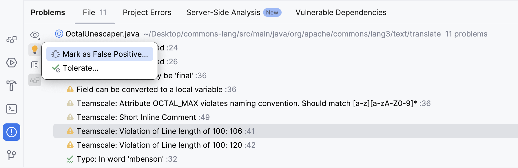 IntelliJ Plugin: Flag Findings from the Problems Tab