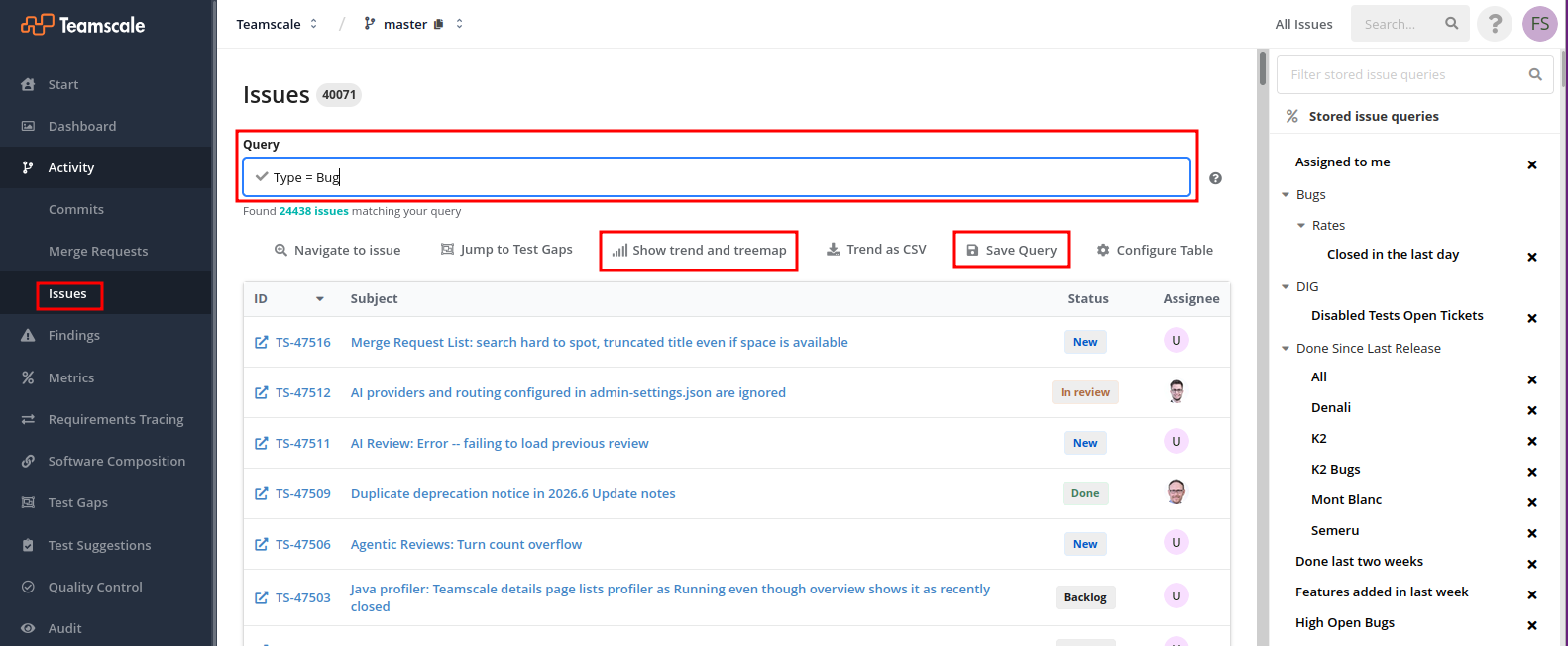 The Issues page with the query box, the buttons for the treemap and for saving the query, and the list of stored issue queries highlighted