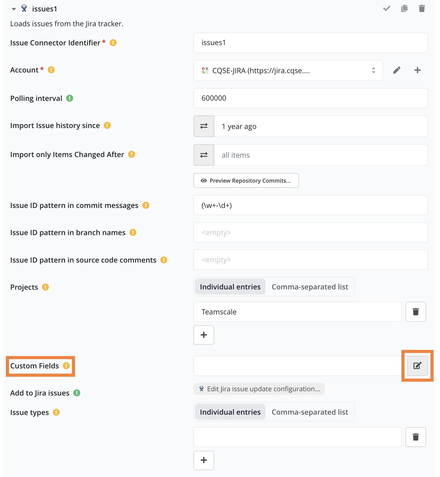 Advanced settings of the Jira connector