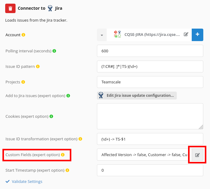 Advanced settings of the Jira connector