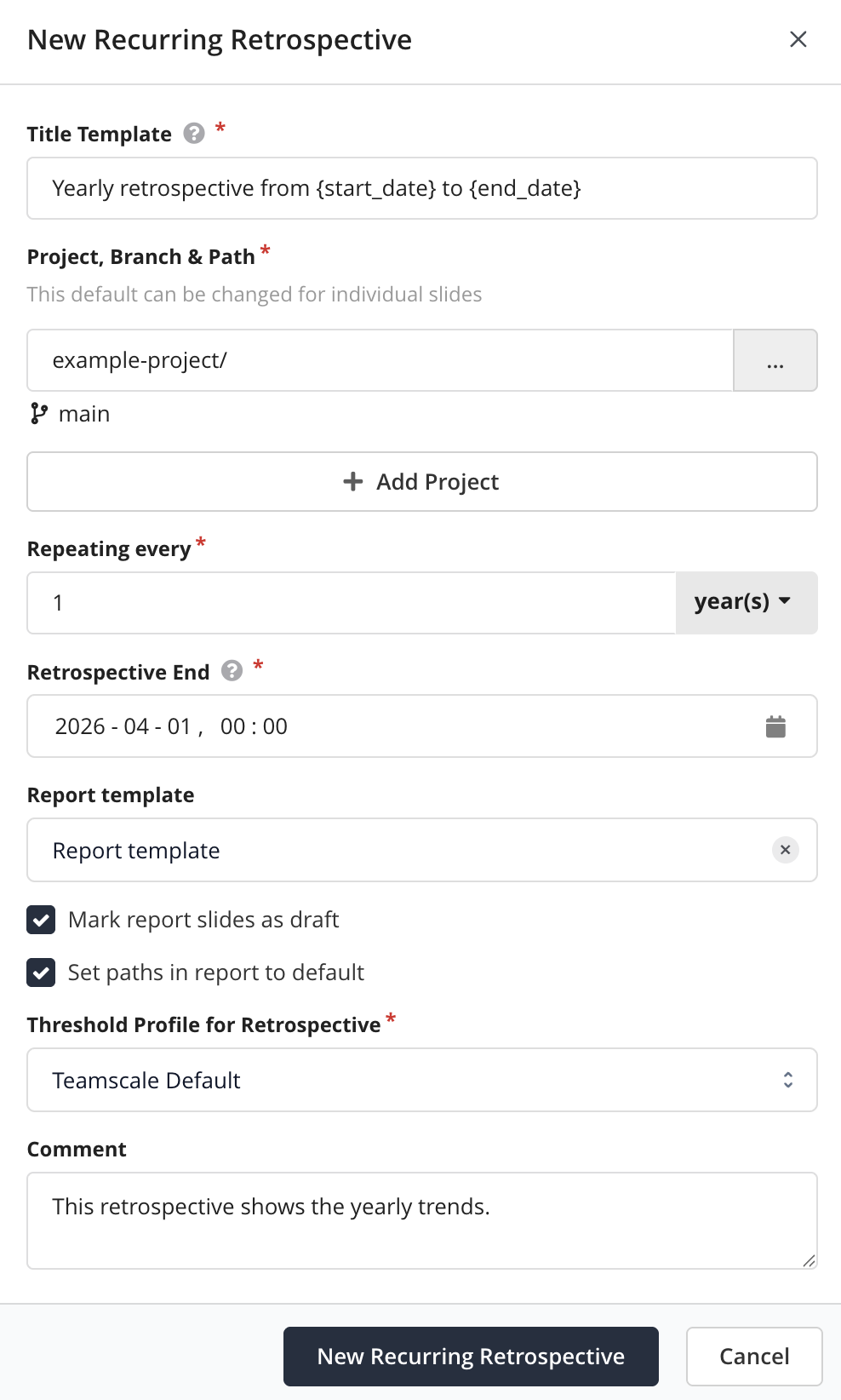 "Create Recurring Retrospective" dialog