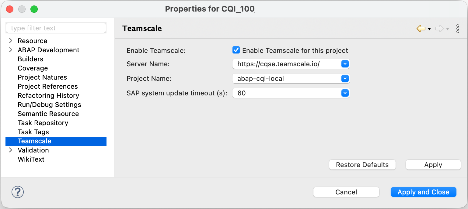 Teamscale Project Properties in Eclipse
