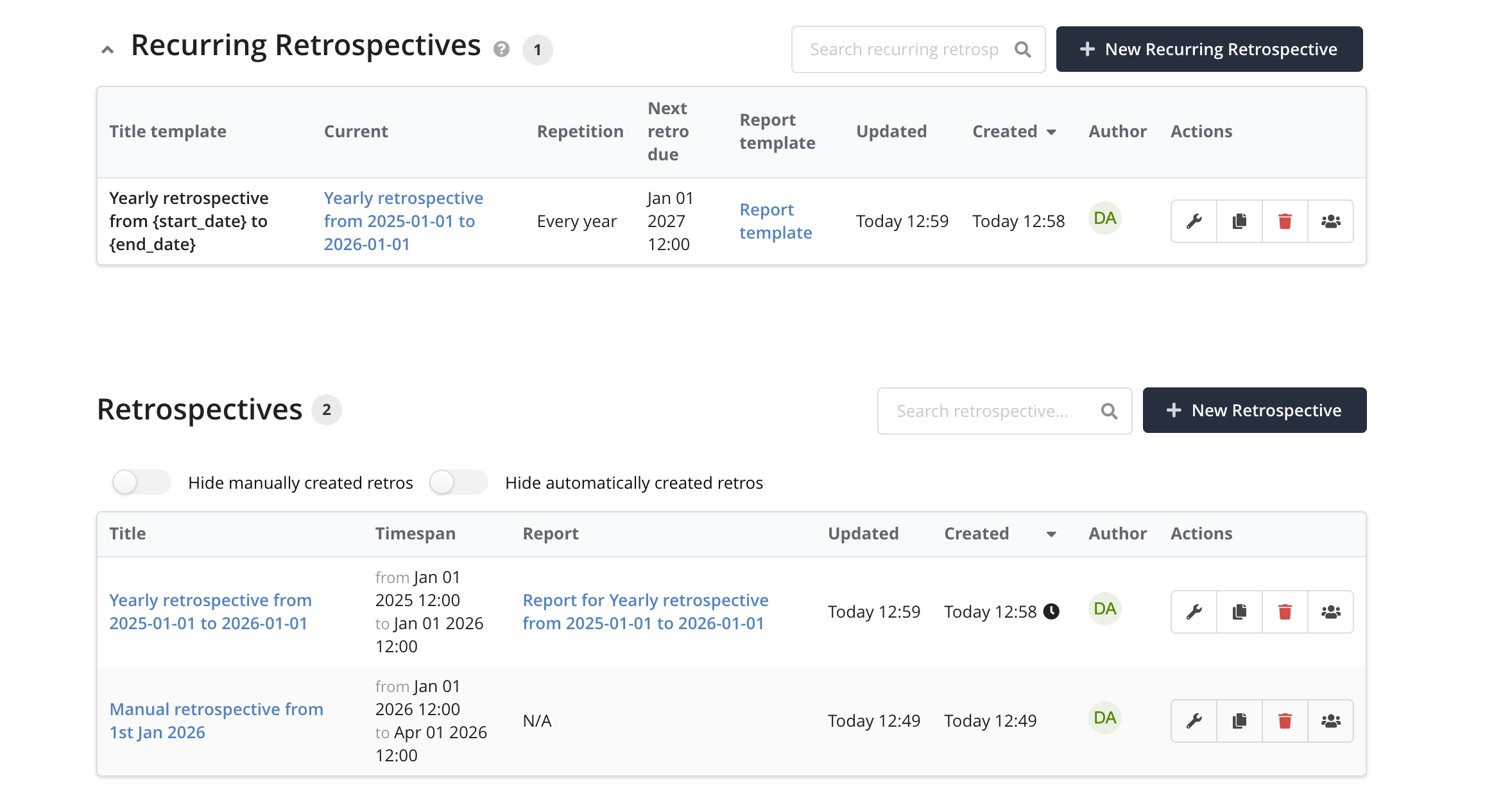 Retrospective list view with recurring and manual retrospectives