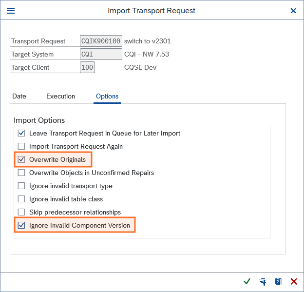 SAP Transport Import Options