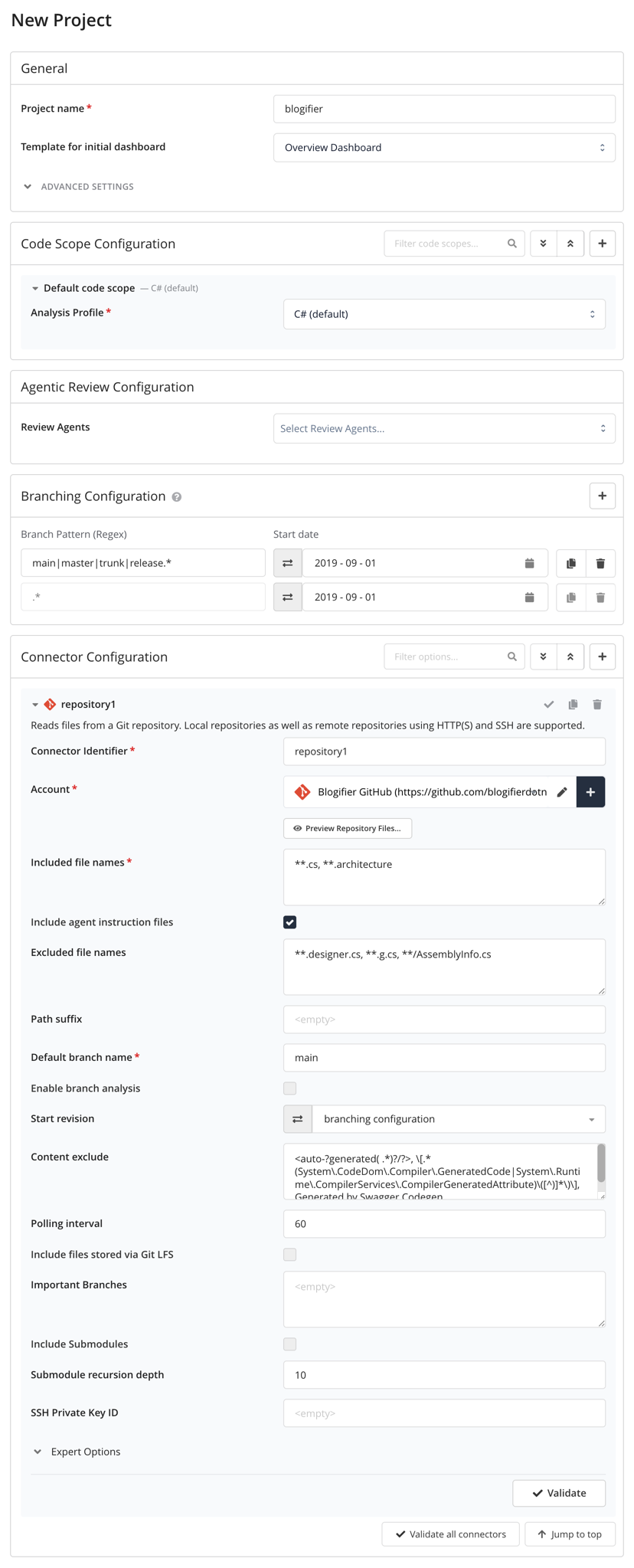 Create project "Blogifier" in Teamscale