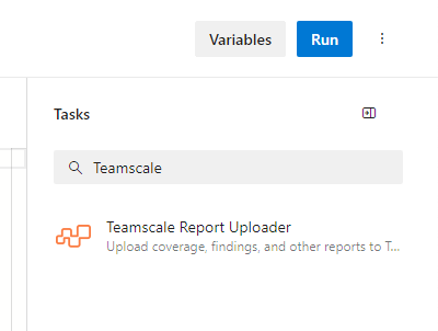 In the YAML editor you can search for the task name "Teamscale" and add the corresponding "Teamscale Report Uploader" task