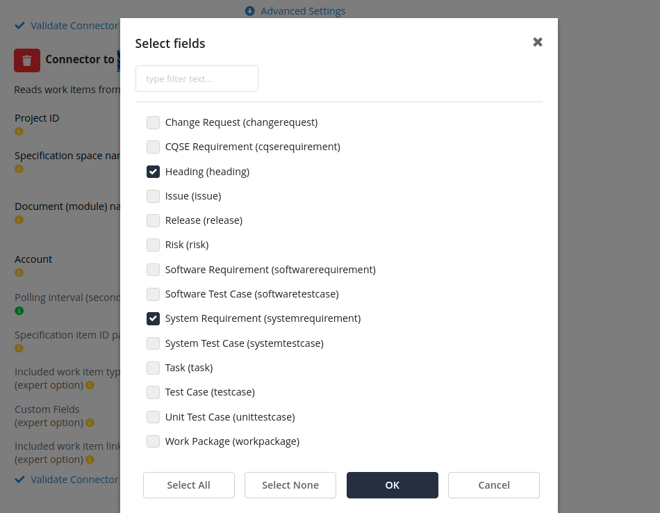 Polarion work item type selection